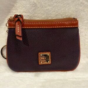 Dooney & Bourke Pebble Leather Zip Coin Purse Key Ring Charm Pouch Purple Tan
